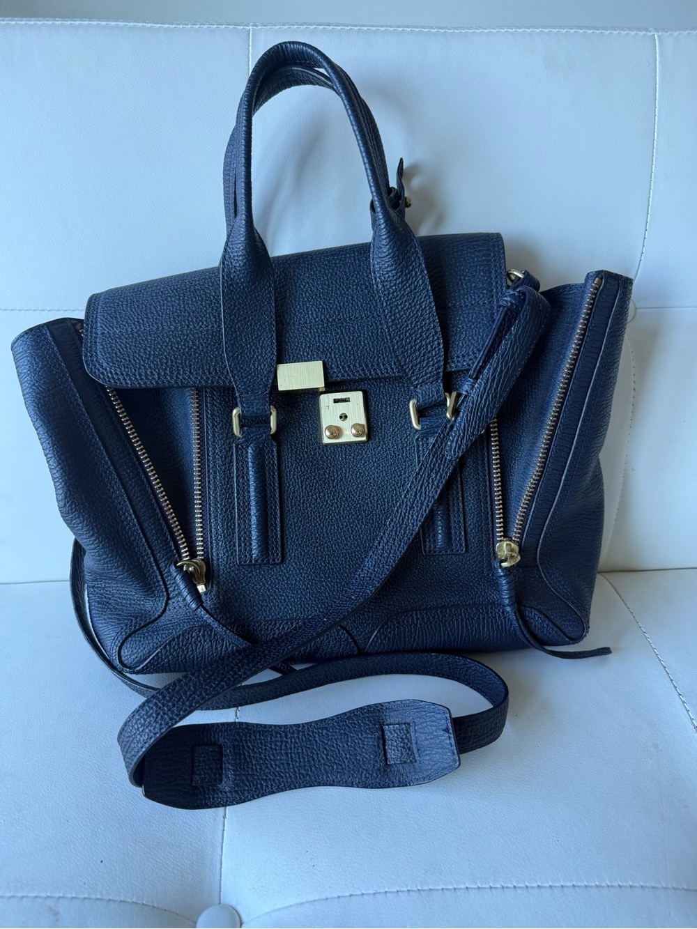 3.1 Phillip Lim Medium Pashli Navy Pebbled Leather Satchel with Gold Hardware
